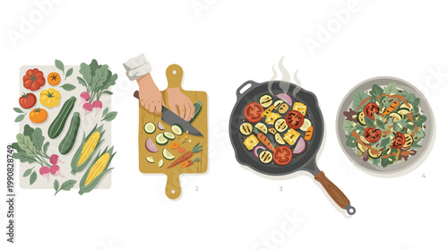Vegetable food preparation vector illustrations: market flatlay, chef chopping, skillet, and plated salad bowl