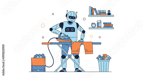 Friendly robot performing household chores by ironing orange trousers on an ironing board in a organized domestic setting.