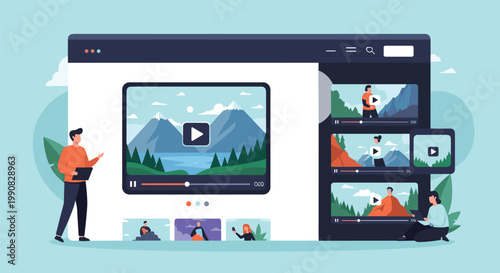 Users interacting with a modern video streaming platform website featuring mountain scenery thumbnails and playlist options.