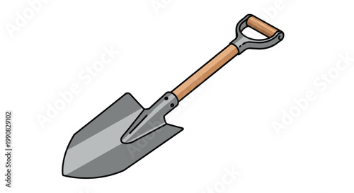 Classic metal digging shovel with a sturdy wooden handle isolated on a white background for gardening or construction projects.