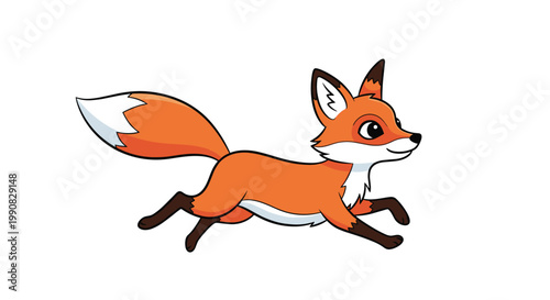 Agile red fox running swiftly across a white background with its fluffy white-tipped tail trailing behind it.