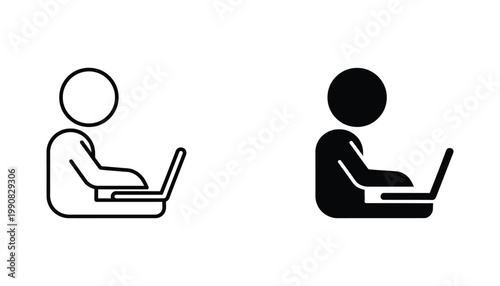 Person working on laptop icon representing remote work and digital nomad lifestyle in minimalist black and white vector style for business and technology communication