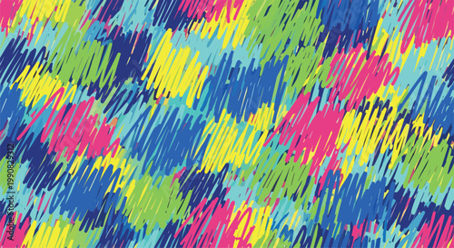 Energetic and colorful abstract pattern of dense marker scribbles in bright pink yellow blue and green filling the frame.
