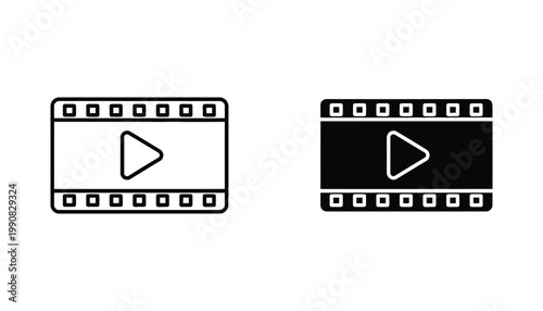 Video film strip icon representing cinema and digital media production in minimalist black and white vector style for entertainment and movie industry branding