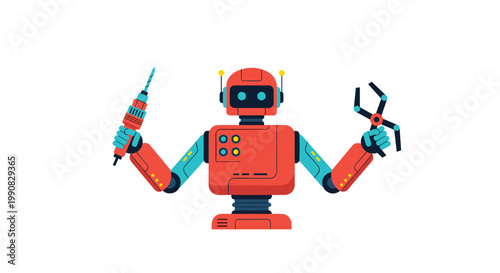 Friendly red and blue robot character equipped with a power drill and a mechanical grasping claw for industrial tasks.