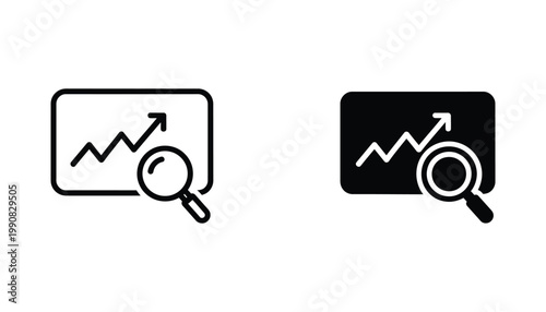 Business analysis icon set with magnifying glass over growth chart graph in clean minimalist black and white vector style for financial data reporting and market research visuals