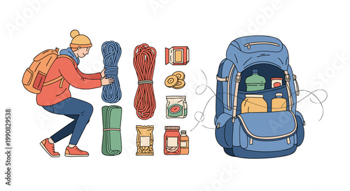 Outdoor enthusiast packing a large blue trekking backpack with ropes, food, and various essential hiking gear for an adventure.