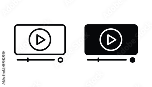 Video player interface icons with play button and progress bar in outline and solid black styles for media streaming and multimedia software design represented as professional vector graphics