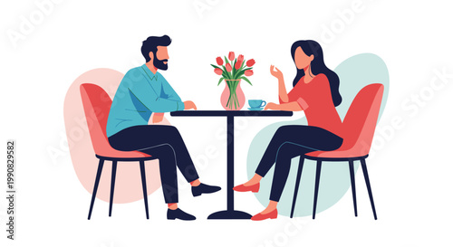 Man and woman engaged in a pleasant conversation over coffee at a small cafe table decorated with fresh pink flowers.