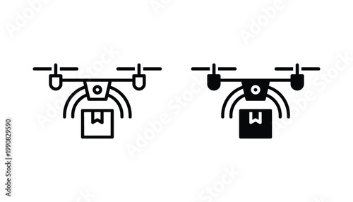 Delivery drone carrying package icons in outline and solid black styles for logistics and modern shipping technology concepts represented as minimal vector graphics for e-commerce user interfaces
