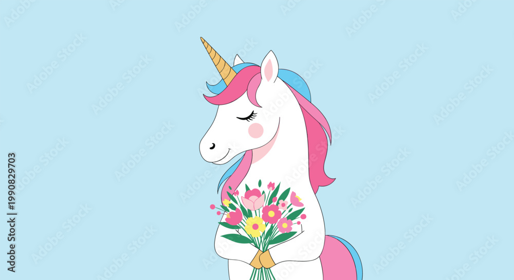 Obraz premium Adorable white unicorn with a pink and blue mane holds a beautiful bouquet of colorful spring flowers in a sweet and charming illustration.