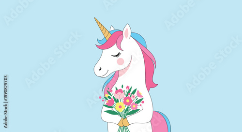 Adorable white unicorn with a pink and blue mane holds a beautiful bouquet of colorful spring flowers in a sweet and charming illustration.