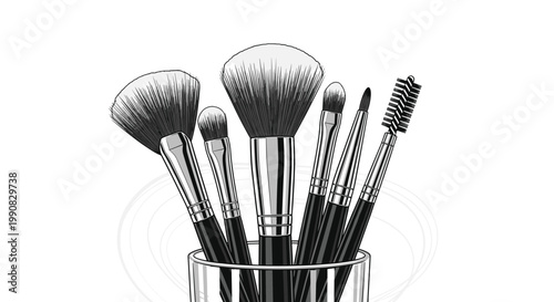 Professional set of various makeup brushes in a glass holder is depicted in a detailed black and white sketch style for beauty concepts.