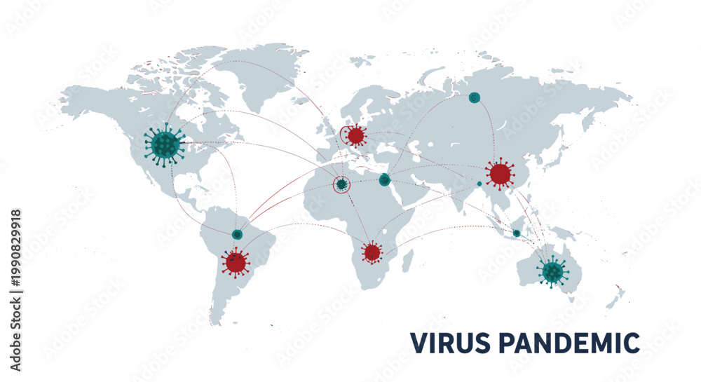 Fototapeta premium World map highlights global virus transmission routes with red and green particles to illustrate the spread of a pandemic across continents.