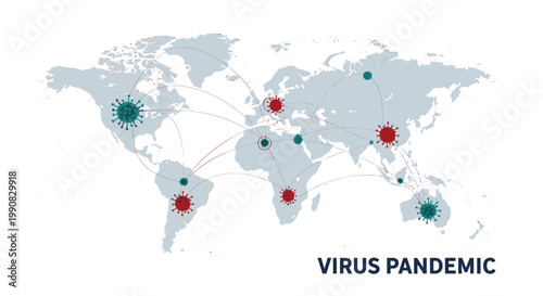 World map highlights global virus transmission routes with red and green particles to illustrate the spread of a pandemic across continents.