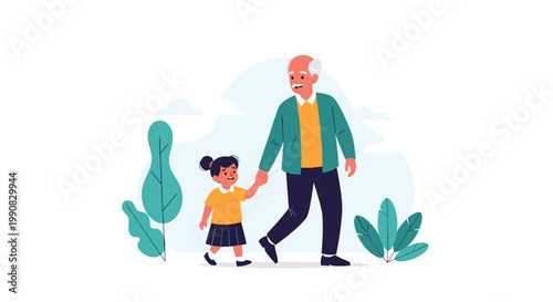Senior grandfather walks happily through a green park while holding hands with his young granddaughter in a heartwarming family scene.