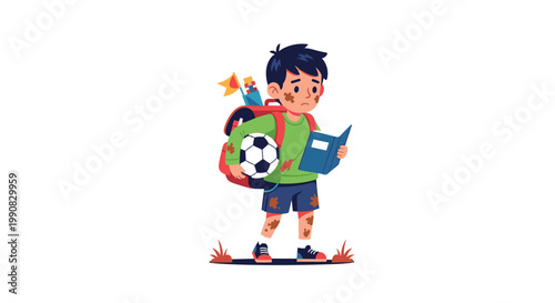 Sad little schoolboy covered in mud spots holds a soccer ball and a book while standing outside, representing a messy day after play.