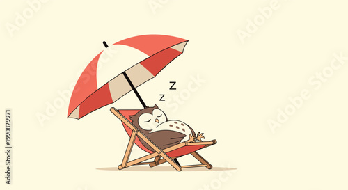 Tired brown owl sleeps soundly on a red and white striped beach lounge chair under a matching umbrella in a humorous vacation scene.