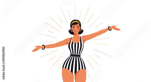 Beautiful woman in a retro striped swimsuit smiles with her arms outstretched against a bright sunburst background for a summer theme.