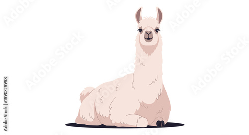 Calm and gentle white llama rests comfortably while sitting on a plain white background in a simple and minimalist animal illustration.