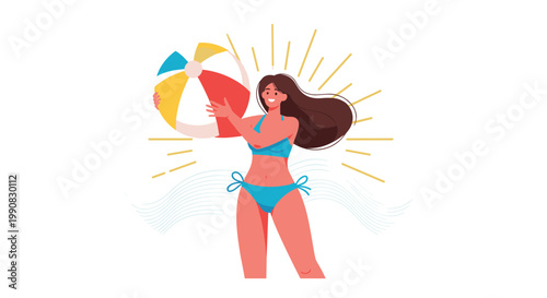 Cheerful woman in a blue bikini holds a colorful beach ball in front of a sun symbol and stylized water waves for a fun summer concept.