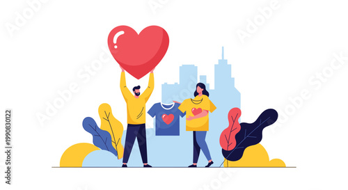 Man and woman hold a large red heart and charity t-shirts in front of a blue city skyline to represent community support and donation.