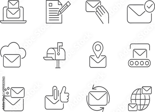 Bild auf Leinwand Business email communication and mail logistics line icon set, digital marketing