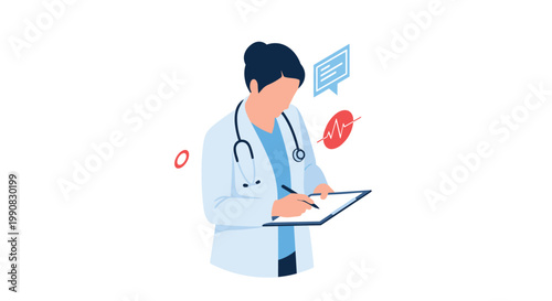 Professional female doctor in a white coat writes notes on a clipboard with medical icons like heart rate and chat bubbles nearby.