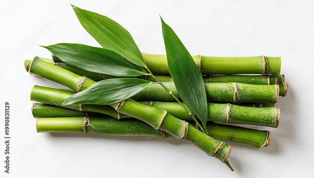 Fototapeta premium Vibrant green bamboo stalks with lush leaves arranged on a white background