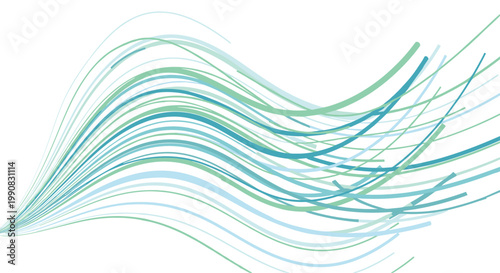 Elegant abstract flow of numerous thin curved lines in shades of teal and blue sweeping across a clean white background.