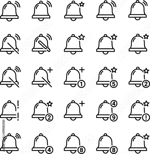 Collection of notification bell icons, alert icons, and chime icons with various states and counts in outline style