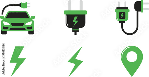 Electric vehicle charging icons silhouette of car and power plugs