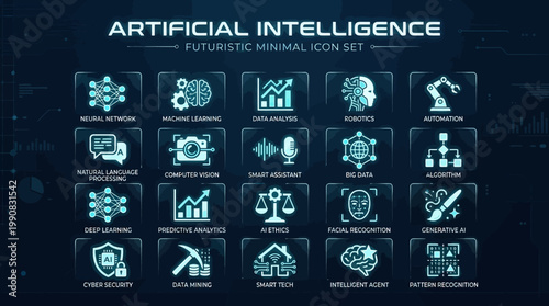 Futuristic minimal icon set depicts artificial intelligence technology symbols