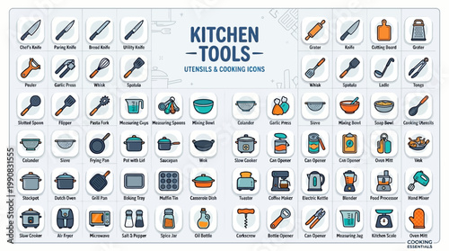 An icon sheet titled kitchen tools with various utensils and appliances displayed.