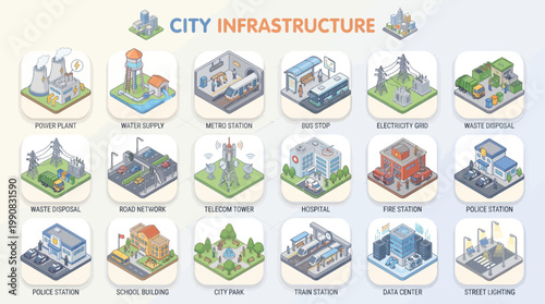 Isometric icon set depicts various city infrastructure elements including buildings, transportation, and utilities in a detailed illustration.