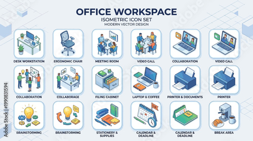 Office icons showcase various workplace elements like chair, people, laptop, and documents