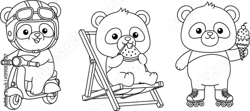 Set of cute panda character coloring book pages with panda riding scooter eating watermelon and roller skating isolated vector illustration