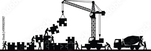 A black and white illustration depicts a construction scene with a crane lifting puzzle pieces high quality professional detailed modern elegant