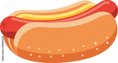 Classic hot dog vector illustration, grilled sausage in bun with mustard, traditional American fast food snack, isolated frankfurter on white background