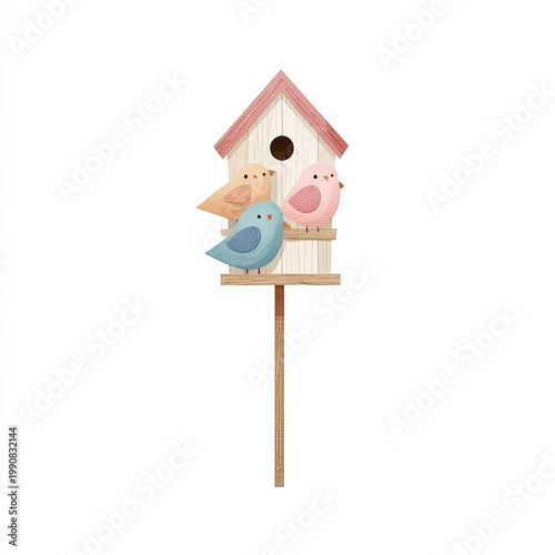 Watercolor illustration of a birdhouse with three colorful birds perched outside