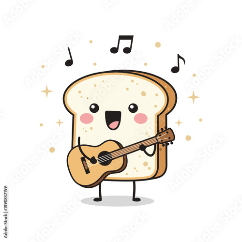 Cute toast character playing guitar with musical notes and sparkles