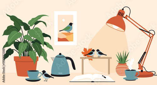 Cozy indoor scene shows a desk lamp lighting up an open book on a table with potted plants and small birds nearby.