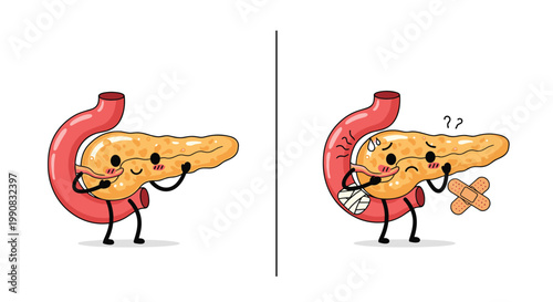 Health comparison illustration displays a happy healthy pancreas next to an injured one wearing a white bandage.