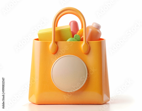 Vibrant 3D Orange Shopping Bag Icon with Daily Essential Products