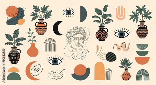 Aesthetic collage featuring a classical sculpture head, potted plants, mystical eyes, and celestial bodies in a modern boho-inspired design.