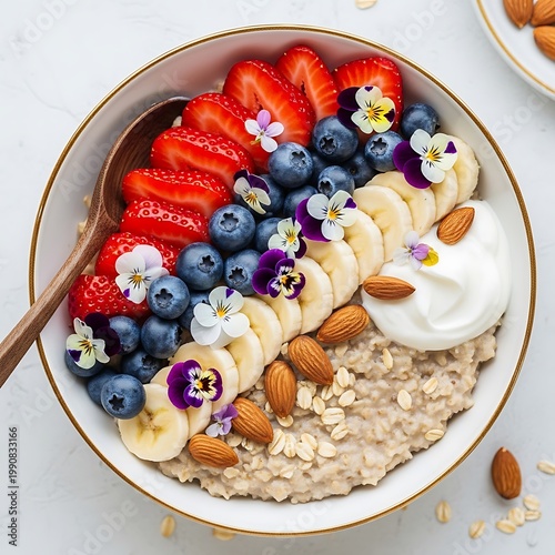 Healthy Oatmeal Breakfast Bowl with Strawberries, Blueberries, Banana, Yogurt and Almonds