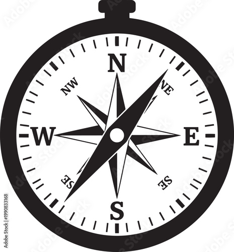 Compass navigation tool, directional icon, black vector compass, navigation symbol