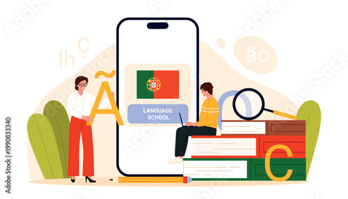 People studying Portuguese with smartphone app, books and magnifying glass, modern online language school education, Portugal flag and alphabet characters, isolated on white vector illustration