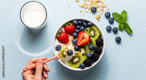 Healthy Yogurt Bowl with Fresh Fruits, Granola and Milk – Colorful Breakfast Flat Lay on Blue Background