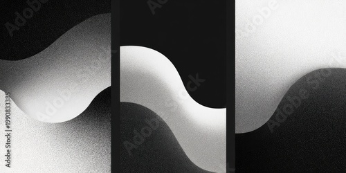 Three vertical panels showcasing abstract, grayscale compositions with wavy, light-to-dark gradients
